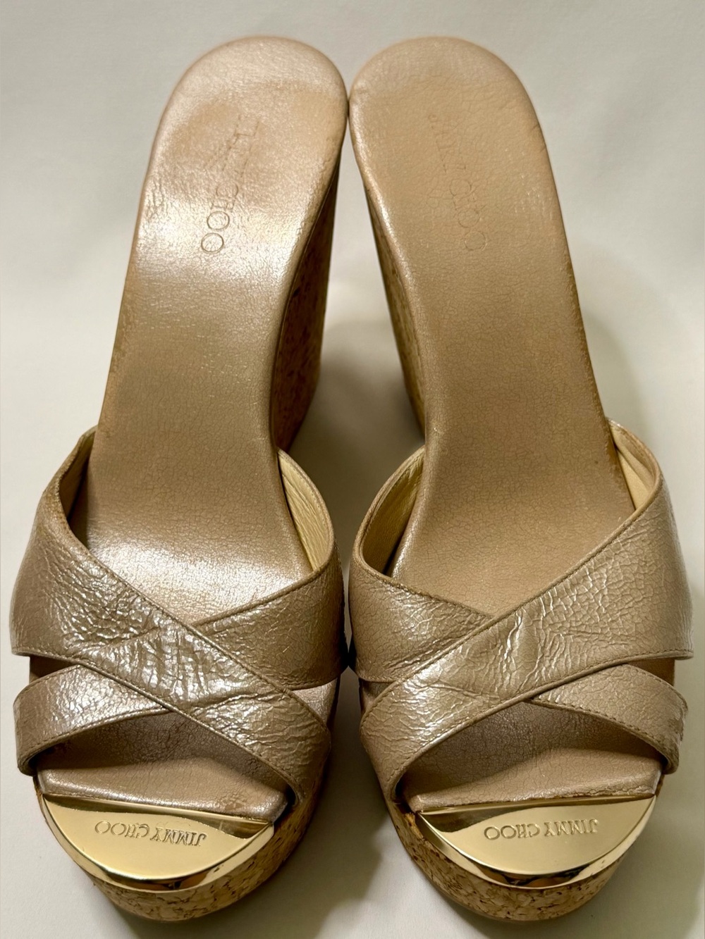 Jimmy Choo Metallic Rose Gold Leather Cork Wedge Sandals Size 38.5 - Picture 2 of 13